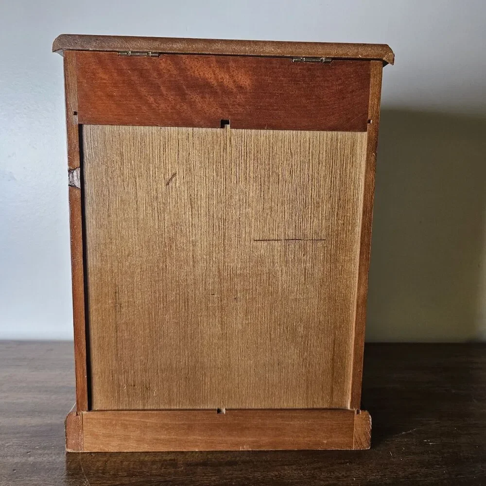 Vintage Wooden Jewelry Armoire with Etched Floral Glass Doors & Hinge Top Lid